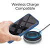 A hand is holding a blue phone case over a wireless charger. Produktbild-Vorschau