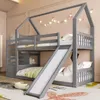 A child's bunk bed with a slide and stairs, set up in a bedroom with decorative lights. Produktbild-Vorschau