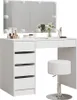 A white vanity table with a mirror and a stool, set against a white background. Produktbild-Vorschau