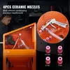 A person is using a sandblasting cabinet, and a close-up of the sandblasting gun and nozzles is shown. Produktbild-Vorschau