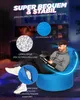 A man sitting on a blue beanbag chair in a dimly lit room with neon lighting. Produktbild-Vorschau