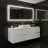 A modern bathroom vanity with a sink and faucet, set against a dark marble wall. Produktbild-Vorschau