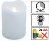A white LED candle with a flickering flame, accompanied by icons indicating a 6-hour timer, LED technology, and battery requirements (2x AA). Produktbild-Vorschau