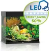 A black aquarium with fish and plants, featuring an overlay highlighting LED lighting and energy savings. Podgląd zdjęcia produktu
