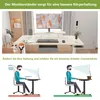 A split image showing a desk setup and two diagrams illustrating proper and improper posture while working at a desk. Produktbild-Vorschau
