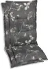 A pair of gray chair cushions with a white floral pattern. Produktbild-Vorschau