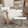 A close-up view of a cream-colored armchair with wooden legs, featuring labels pointing out its features. Produktbild-Vorschau