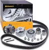 A timing belt kit and water pump are laid out on a white background, with the product box in the background. Podgląd zdjęcia produktu