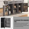 A kitchen island with its doors open, showcasing storage compartments and items inside. A smaller inset image shows a close-up of a cabinet interior. Text overlays describe the product's features. Podgląd zdjęcia produktu