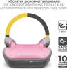 A pink and gray child car seat booster with a yellow and black arc above it, against a white background. There are several informational icons and text on the right side. Náhled obrázku produktu