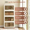 A multi-tiered storage cabinet with transparent doors, shown in a room setting with a window and curtains in the background. Text overlays describe storage capacity and suggested uses. Podgląd zdjęcia produktu