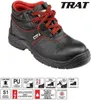 A studio product shot of a black work boot with red laces and stitching, presented with a white background and informational icons at the bottom. Produktbild-Vorschau