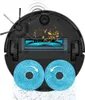 The underside of a black robot vacuum cleaner is shown, with its cleaning brushes and mop pads in action. Produktbild-Vorschau