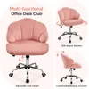 A multi-panel image showcasing a pink office desk chair with its features. Podgląd zdjęcia produktu