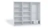 A white wardrobe with multiple shelves and two drawers is shown against a white background. Produktbild-Vorschau