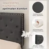 A close-up view of a dark gray upholstered headboard with decorative studs, accompanied by descriptive text and close-up images of its features. Náhled obrázku produktu