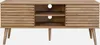 A wooden TV stand with a slatted front and open shelving in the center, shown against a white background. Anteprima dell’immagine prodotto