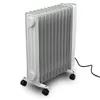 A white oil-filled radiator with wheels on a white background. Podgląd zdjęcia produktu