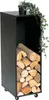 A black metal firewood rack filled with logs, with a small potted plant and vine on top. Produktbild-Vorschau