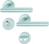 A set of silver door handles and related hardware, including a privacy lock indicator, displayed against a white background. Produktbild-Vorschau