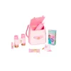 A pink toy backpack with accessories laid out around it. Náhľad obrázku produktu