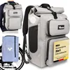 A collage of images showing a grey backpack, a person wearing the backpack, and the backpack attached to a bicycle. Produktbild-Vorschau
