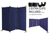 A collage of images showing a blue fabric room divider, including a close-up of clips and a longer, curved configuration of the dividers. Produktbild-Vorschau