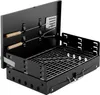 A black foldable grill with accessories attached to the lid. Voir les images du produit