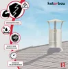 A chimney cap on a roof with various feature icons and text. Produktbild-Vorschau