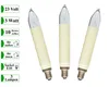Three candle-shaped light bulbs with cream-colored bases are displayed against a white background. To the left, a panel lists product specifications. Produktbild-Vorschau