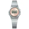 A digital watch with a silver band and a pink face. Produktbild-Vorschau
