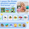 A young girl is lying on the floor, smiling and holding a paintbrush, with various educational game icons displayed around her. The scene suggests a playful and educational environment. Produktbild-Vorschau