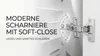 A close-up of a cabinet hinge with text overlay describing its soft-close feature. Produktbild-Vorschau