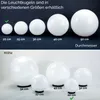 The image displays two rows of white spherical lights, with measurements indicating their diameters and heights. The top row shows lights with diameters from 20cm to 50cm, and the bottom row shows lights with heights from 22cm to 52cm. Náhľad obrázku produktu
