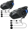 Two black motorcycle Bluetooth headsets with attached microphones and earbuds are displayed against a white background. Produktbild-Vorschau