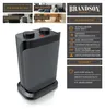 A collage of images showcasing a black ceramic heater, its features, and suitability for different rooms. Produktbild-Vorschau