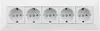 A white power strip with five European-style outlets, mounted on a white wall. Produktbild-Vorschau