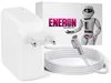 A white Macbook charger and cable are displayed on a white background, with a box featuring a robot and brand logo in the background. Produktbild-Vorschau