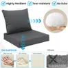A dark gray outdoor cushion set with text and diagrams highlighting its features. Náhled obrázku produktu