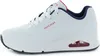 A side view of a white Skechers sneaker with navy and red accents. Voir les images du produit