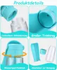 A collage of four images showing details of a portable dog water bottle. Produktbild-Vorschau