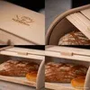 A collage of four images showing a wooden bread box with bread inside. Produktbild-Vorschau