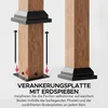 Close-up illustration of a wooden pergola post being anchored to the ground with stakes and a base plate. Produktbild-Vorschau