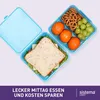 A light blue Sistema lunch box with a sandwich, tangerines, grapes, and pretzels. Podgląd zdjęcia produktu