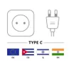 Illustration of a Type C electrical outlet and plug, along with flags of the EU, Cuba, Israel, and India. Produktbild-Vorschau