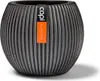 A dark gray, ribbed, spherical planter pot with an orange and white label attached. Produktbild-Vorschau