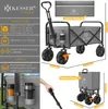 A collage of images showing a foldable wagon, its features, and dimensions. Produktbild-Vorschau