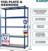A blue metal shelving unit with wooden shelves, presented with marketing text and certifications. Anteprima dell’immagine prodotto