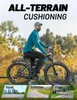 A man riding an e-bike in an outdoor setting, with three smaller inset images showing different terrains. Produktbild-Vorschau