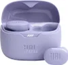 A pair of purple JBL Tune Buds wireless earbuds in their open charging case, with one earbud outside the case. Produktbild-Vorschau